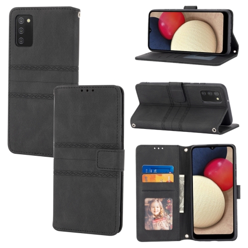 

For Samsung Galaxy A03s 166mm Embossed Striped Magnetic Buckle PU + TPU Horizontal Flip Leather Case with Holder & Card Slot & Wallet & Photo Frame & Sling(Black)