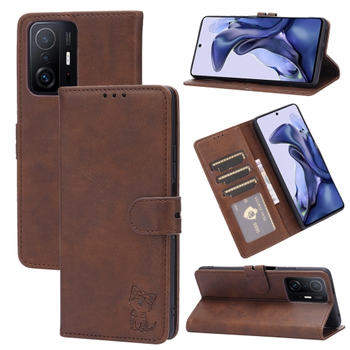 

For Xiaomi Mi 11T Embossed Happy Cat Pattern Horizontal Flip Leather Case with Holder & Card Slots & Wallet(Brown)