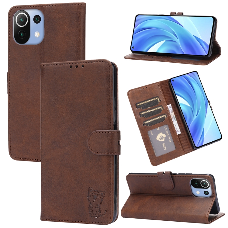 

For Xiaomi Mi 11 Lite Embossed Happy Cat Pattern Horizontal Flip Leather Case with Holder & Card Slots & Wallet(Brown)