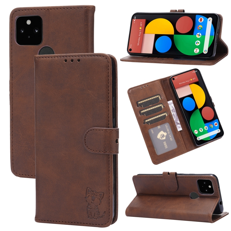 

For Google Pixel 5 XL Embossed Happy Cat Pattern Horizontal Flip Leather Case with Holder & Card Slots & Wallet(Brown)