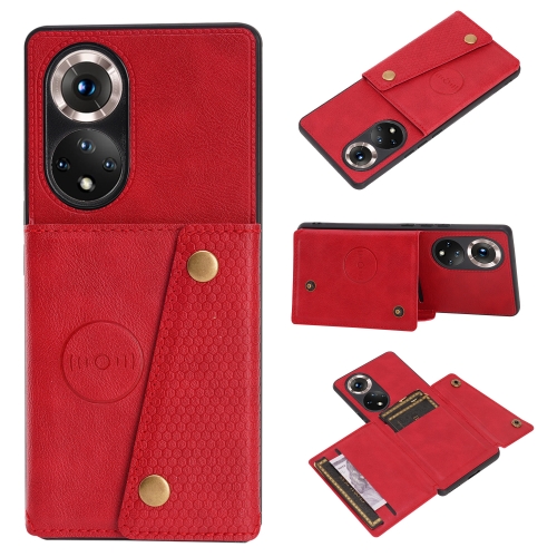 

For Honor 50 Pro Double Buckle PU + TPU Shockproof Magnetic Case with Card Slots & Holder(Red)