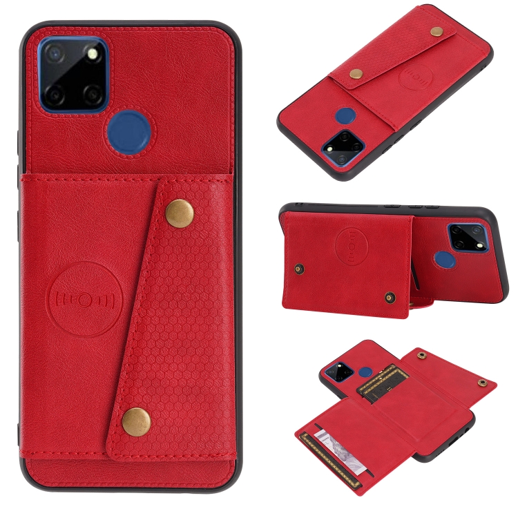 

For OPPO Realme C12 Double Buckle PU + TPU Shockproof Magnetic Case with Card Slots & Holder(Red)