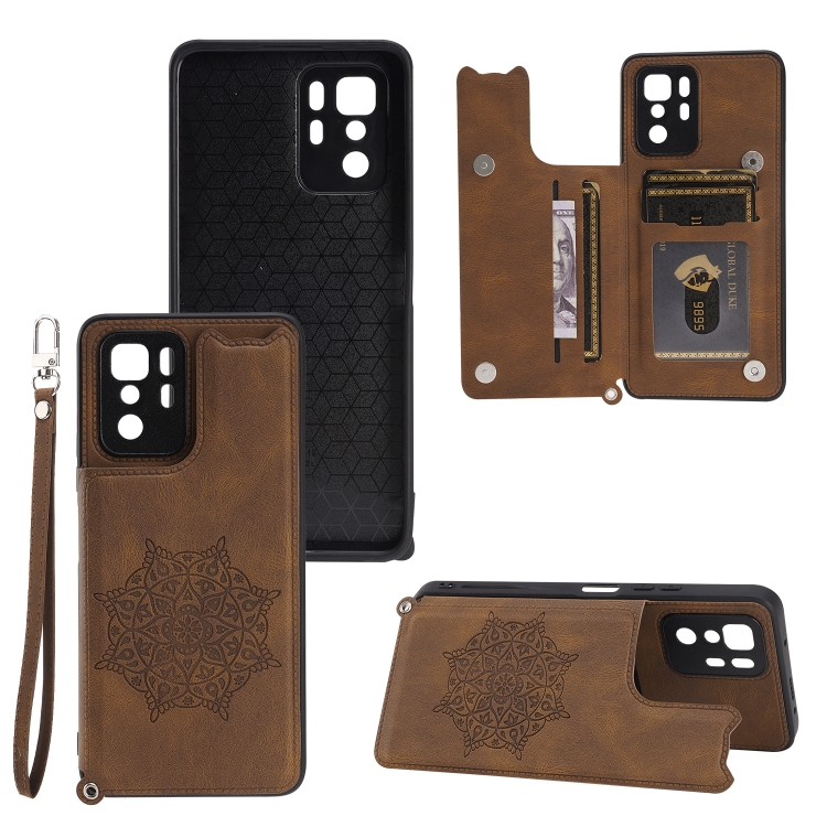 

For Xiaomi Redmi Note 10 Pro (China) Mandala Embossed PU + TPU Magnetic Case with Card Slots & Holder & Lanyard(Brown)