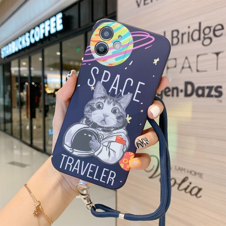 

Space Cat Pattern IMD Shockproof Protective Case with Lanyard For iPhone 13 Pro Max(Blue)