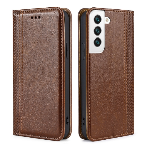 

For Samsung Galaxy S22 5G Grid Texture Magnetic PU + TPU Horizontal Flip Leather Case with Holder & Card Slot(Brown)
