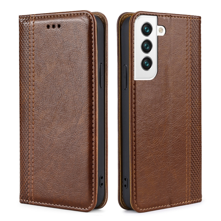 

For Samsung Galaxy S22 5G Grid Texture Magnetic PU + TPU Horizontal Flip Leather Case with Holder & Card Slot(Brown)