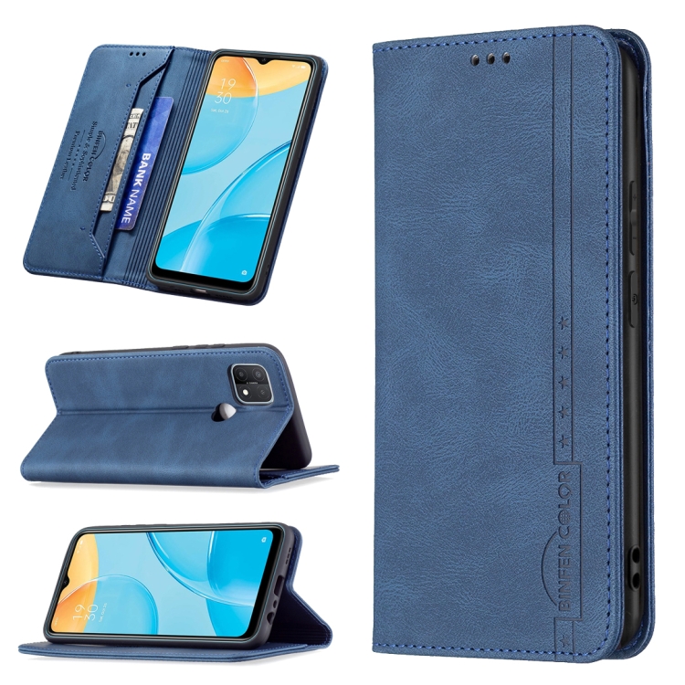 

For OPPO A15 Magnetic RFID Blocking Anti-Theft Leather Case with Holder & Card Slots & Wallet(Blue)