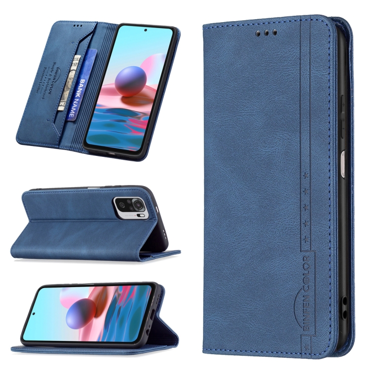 

For Xiaomi Redmi Note 10 4G / Note 10S Magnetic RFID Blocking Anti-Theft Leather Case with Holder & Card Slots & Wallet(Blue)
