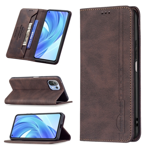 

For Xiaomi Mi 11 Lite Magnetic RFID Blocking Anti-Theft Leather Case with Holder & Card Slots & Wallet(Brown)