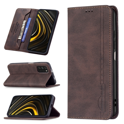 

For Xiaomi Poco M3/Redmi Note 9 4G CN Version Magnetic RFID Blocking Anti-Theft Leather Case with Holder & Card Slots & Wallet(Brown)