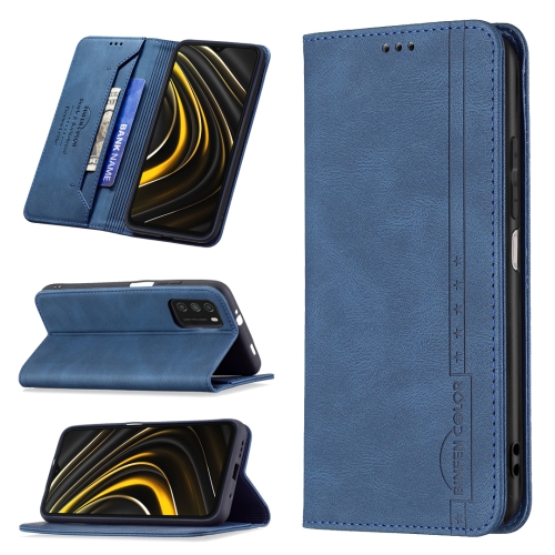 

For Xiaomi Poco M3/Redmi Note 9 4G CN Version Magnetic RFID Blocking Anti-Theft Leather Case with Holder & Card Slots & Wallet(Blue)