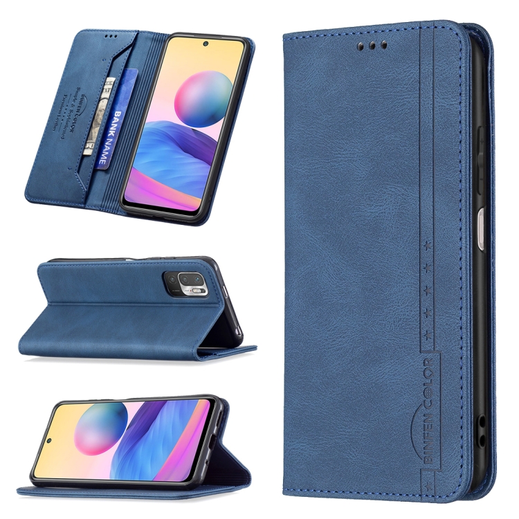 

For Xiaomi Poco M3 Pro/Redmi Note 10 5G/Note 10T 5G Magnetic RFID Blocking Anti-Theft Leather Case with Holder & Card Slots & Wallet(Blue)