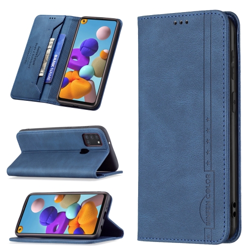 

For Samsung Galaxy A21s Magnetic RFID Blocking Anti-Theft Leather Case with Holder & Card Slots & Wallet(Blue)