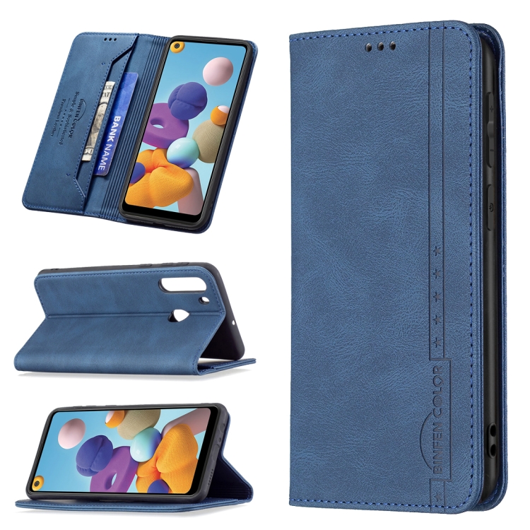 

For Samsung Galaxy A21 Magnetic RFID Blocking Anti-Theft Leather Case with Holder & Card Slots & Wallet(Blue)