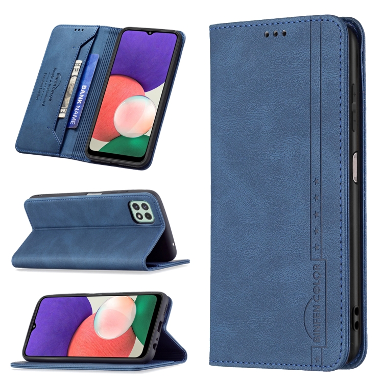

For Samsung Galaxy A22 5G Magnetic RFID Blocking Anti-Theft Leather Case with Holder & Card Slots & Wallet(Blue)
