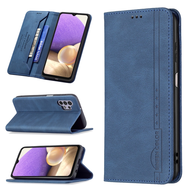 

For Samsung Galaxy A32 5G Magnetic RFID Blocking Anti-Theft Leather Case with Holder & Card Slots & Wallet(Blue)