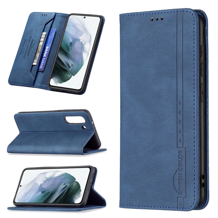 

For Samsung Galaxy S21 FE 5G Magnetic RFID Blocking Anti-Theft Leather Case with Holder & Card Slots & Wallet(Blue)