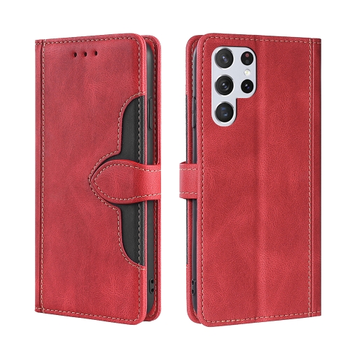 

For Samaung Galaxy S22 Ultra 5G Skin Feel Straw Hat Horizontal Flip Leather Case with Holder & Card Slots(Red)