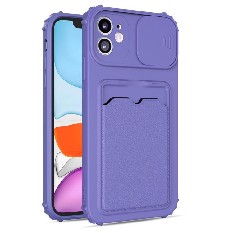 

Sliding Camera Cover Design TPU Shockproof Case with Card Slot For iPhone 13(Purple)