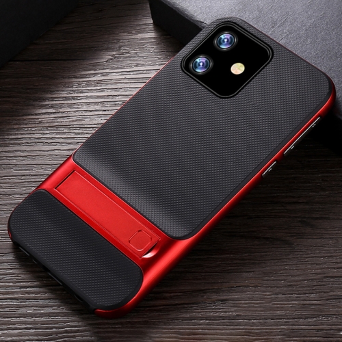 

For iPhone 11 Plaid Texture Non-slip TPU + PC Case with Holder(Red)