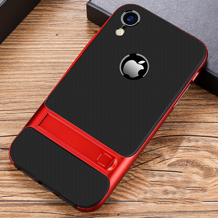 

For iPhone XR Plaid Texture Non-slip TPU + PC Case with Holder(Red)
