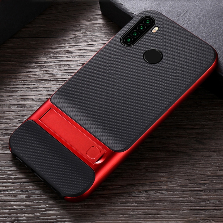 

For Xiaomi Redmi Note 8 Plaid Texture Non-slip TPU + PC Case with Holder(Red)