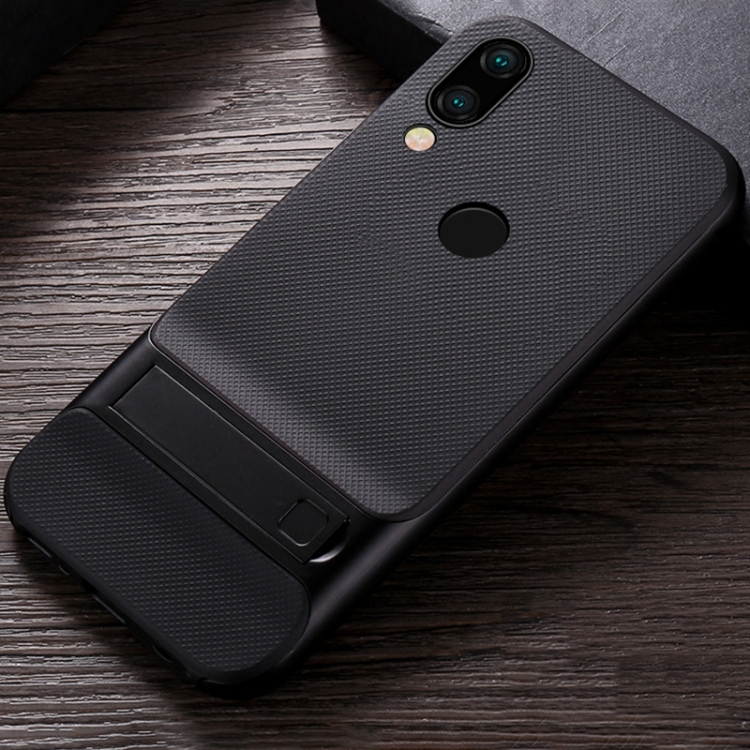 

For Xiaomi Redmi Note 7 Plaid Texture Non-slip TPU + PC Case with Holder(Black)