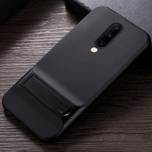 

For OnePlus 7 Pro Plaid Texture Non-slip TPU + PC Case with Holder(Black)