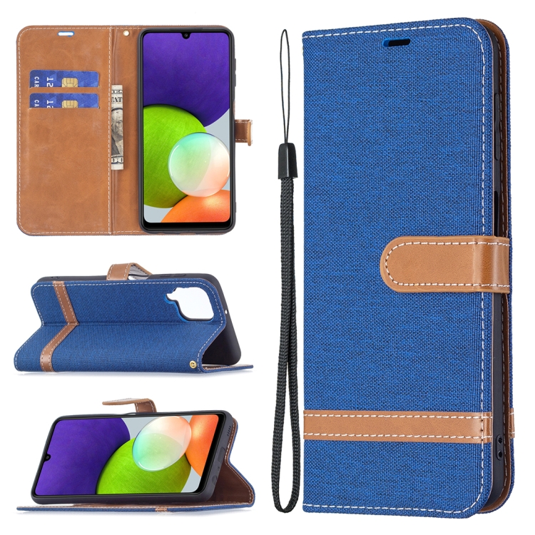 

For Samsung Galaxy A22 4G Color Matching Denim Texture Horizontal Flip Leather Phone Case with Holder & Card Slots & Wallet & Lanyard(Royal Blue)