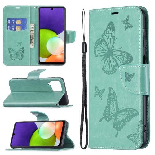 

For Samsung Galaxy A22 4G Embossing Two Butterflies Pattern Horizontal Flip Leather Phone Case with Holder & Card Slot & Wallet & Lanyard(Green)