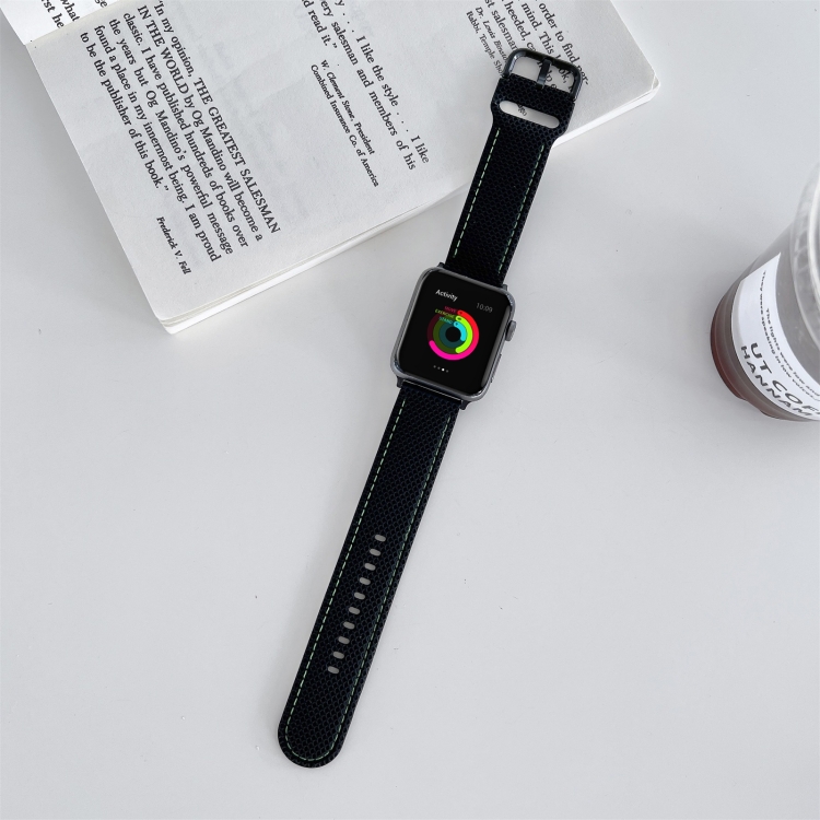 

Honeycomb Hole Sewing Silicone Replacement Strap Watchband For Apple Watch Series 7 45mm / 6&SE&5&4 44mm / 3&2&1 42mm(Black Green)