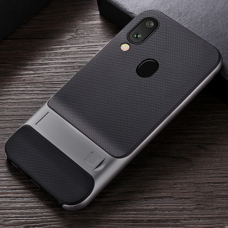 

For Galaxy A30 Plaid Texture Non-slip TPU + PC Case with Holder(Space Gray)