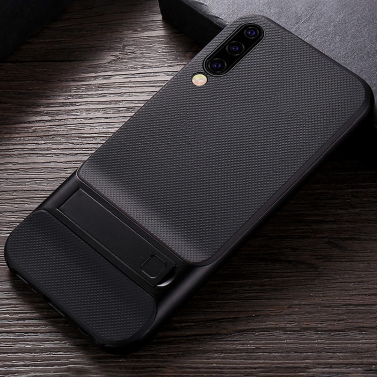 

For Galaxy A50 Plaid Texture Non-slip TPU + PC Case with Holder(Black)