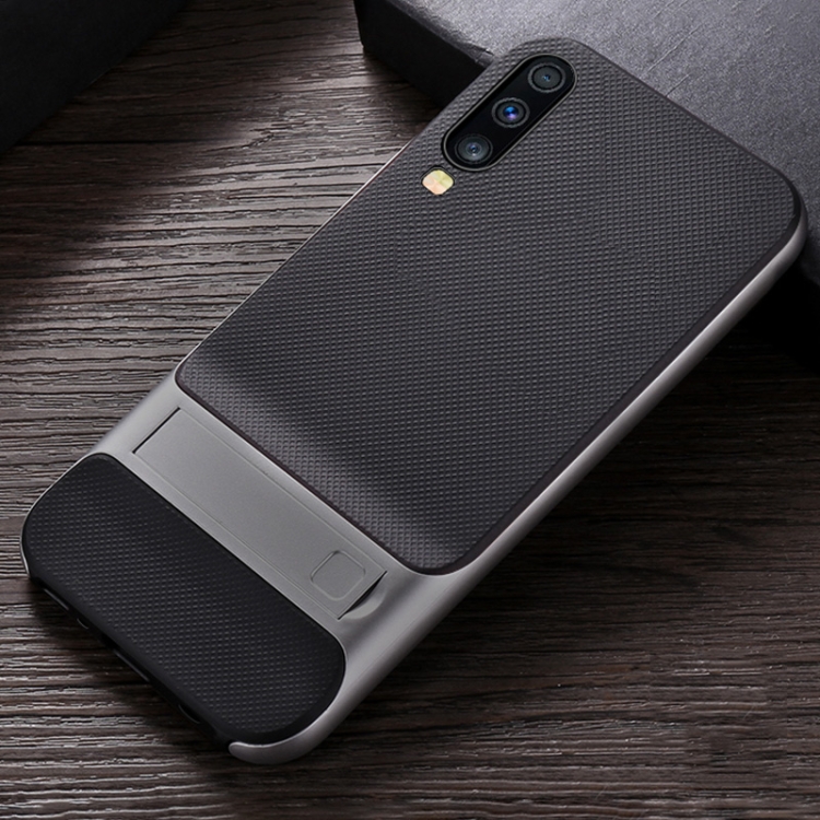 

For Galaxy A70 Plaid Texture Non-slip TPU + PC Case with Holder(Space Gray)