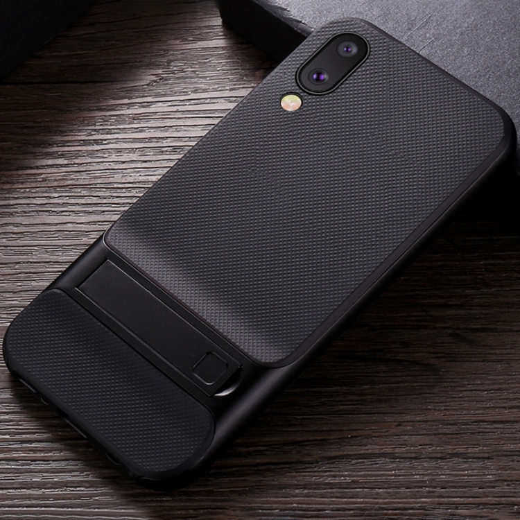 

For Galaxy M10 Plaid Texture Non-slip TPU + PC Case with Holder(Black)