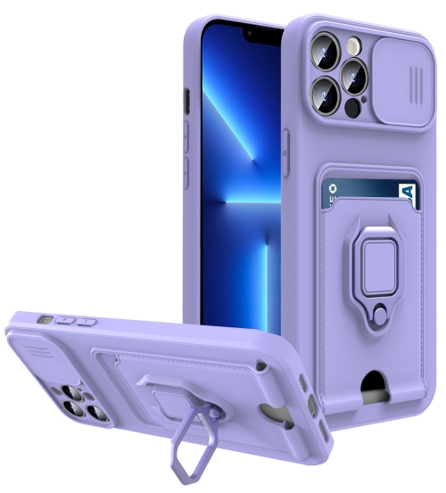 

Sliding Camera Cover Design TPU Shockproof Phone Case with Holder & Card Slots For iPhone 11 Pro Max(Purple)