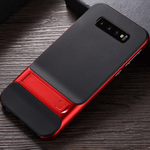 

For Galaxy S10 Plaid Texture Non-slip TPU + PC Case with Holder(Red)