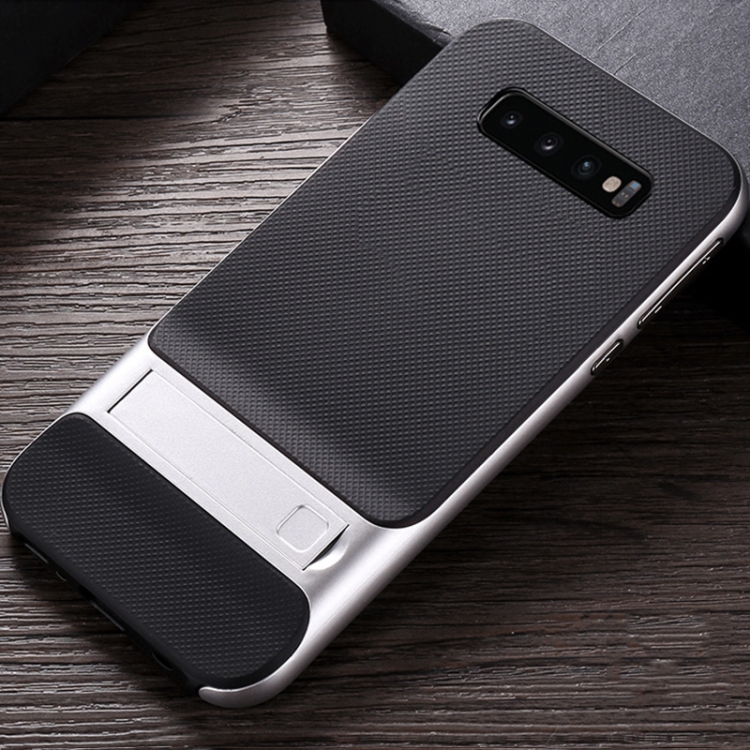 

For Galaxy S10 5G Plaid Texture Non-slip TPU + PC Case with Holder(Space Silver)