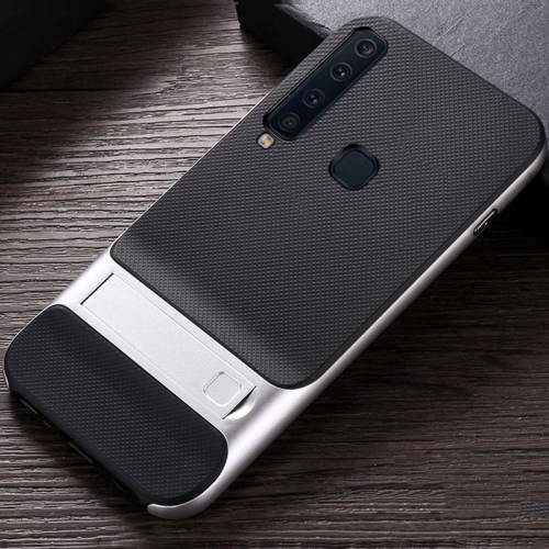 

For Galaxy A9(2018) Plaid Texture Non-slip TPU + PC Case with Holder(Space Silver)