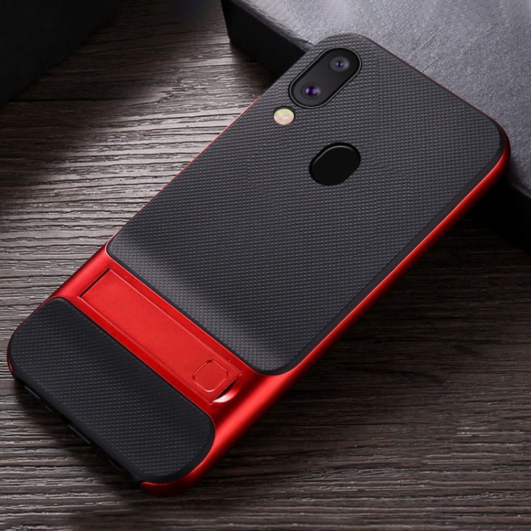 

For Galaxy M20 Plaid Texture Non-slip TPU + PC Case with Holder(Red)