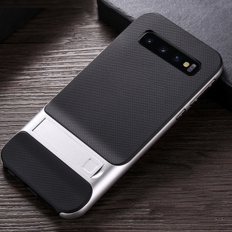 

For Galaxy S10+ Plaid Texture Non-slip TPU + PC Case with Holder(Space Silver)
