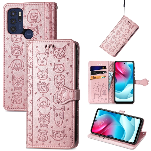 

For Motorola Moto G60S Lovely Cat and Dog Embossing Pattern Horizontal Flip Leather Phone Case with Holder & Card Slots & Wallet & Cartoon Clasp & Lanyard(Rose Gold)