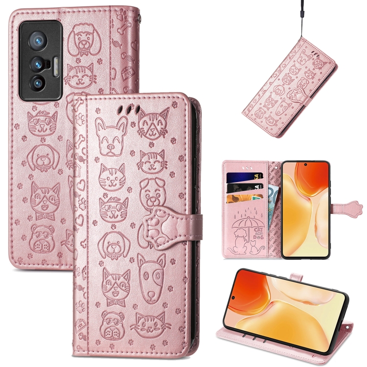 

For vivo X70 Lovely Cat and Dog Embossing Pattern Horizontal Flip Leather Phone Case with Holder & Card Slots & Wallet & Cartoon Clasp & Lanyard(Rose Gold)