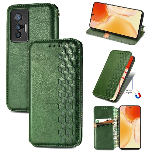 

For vivo X70 Cubic Grid Pressed Horizontal Flip Magnetic Leather Phone Case with Holder & Card Slots & Wallet(Green)