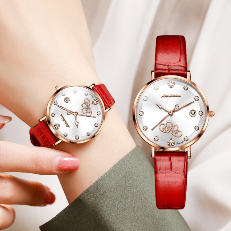 

JIN SHI DUN 8825 Love Heart Digital Pattern Round Diamond Dial Quartz Couple Watch(Charm Red)