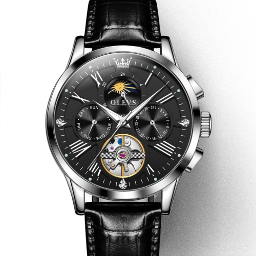 

OLEVS 9912 Hollow Flywheel Week Calendar Dial Luminous Mechanical Watch for Men(Silver Shell Black Surface)