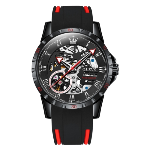 

OLEVS 9918 Hollow Dial Silicone Strap Luminous Mechanical Watch for Men(All Black and Red Surface)