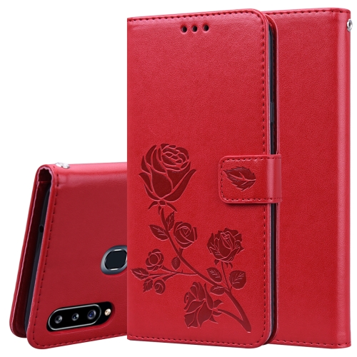 

For Galaxy A20s Rose Embossed Horizontal Flip PU Leather Case, with Holder & Card Slots & Wallet(Red)