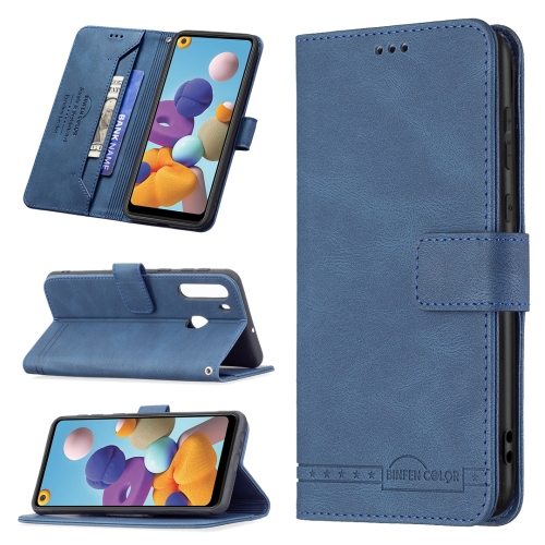 

For Samsung Galaxy A21 Magnetic Clasp RFID Blocking Anti-Theft Leather Case with Holder & Card Slots & Wallet(Blue)