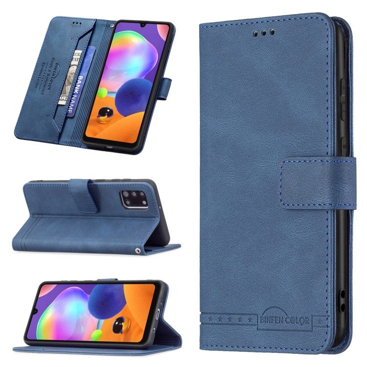 

For Samsung Galaxy A31 Magnetic Clasp RFID Blocking Anti-Theft Leather Case with Holder & Card Slots & Wallet(Blue)